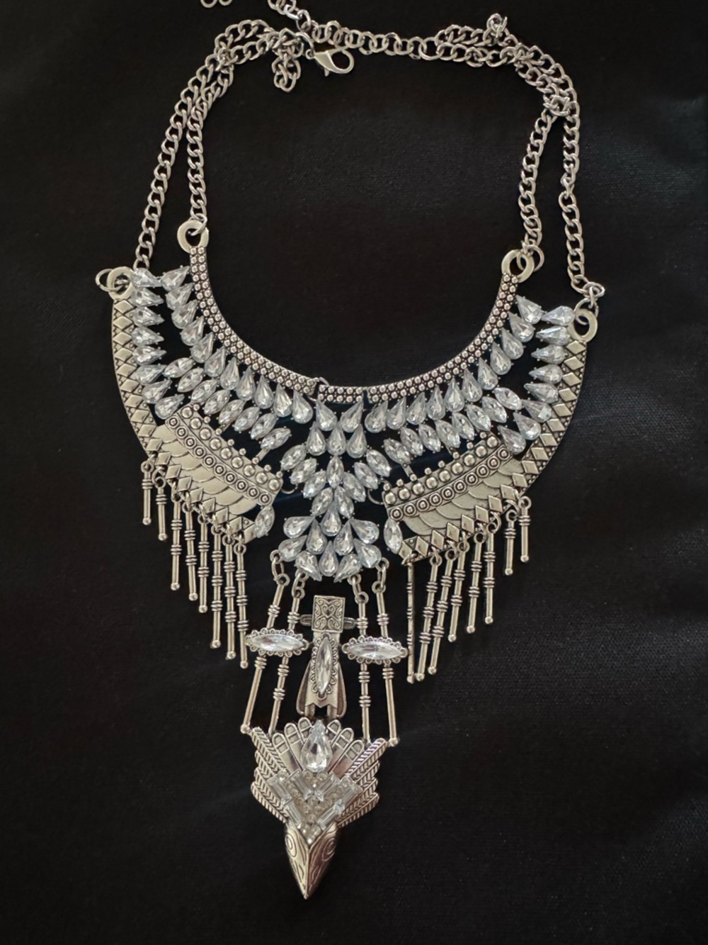 Silver Crystal Fringe Statement Necklace - Women Jewelry - Picture 2 of 13